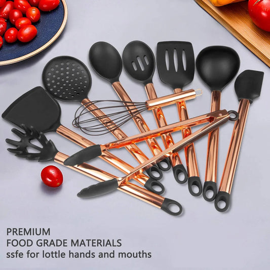 Mibote 17 Pcs Kitchen Utensils Set with Holder, Silicone Cooking Kitchen Utensils Set with Stainless Steel Handle (Copper)