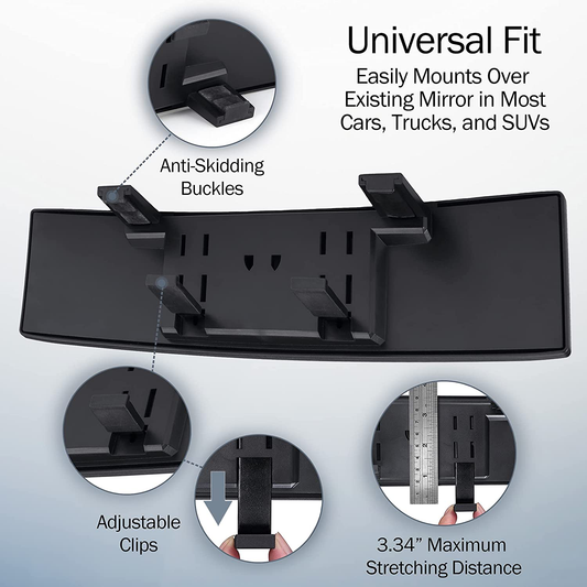 Verivue Mirrors Universal 12 Inch Interior Clip On Panoramic Rearview Mirror - Clear Tint - Wide Angle - For use in Car, SUV, Truck