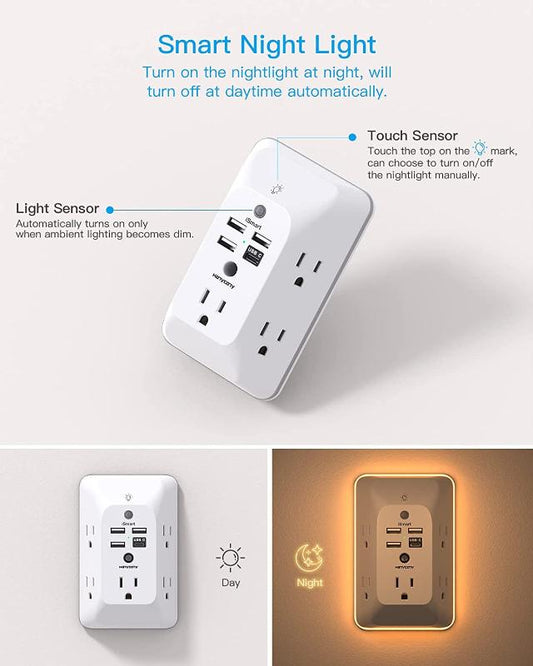Outlet Extender with Night Light, Multi Plug Outlet, USB Wall Charger Surge Protector