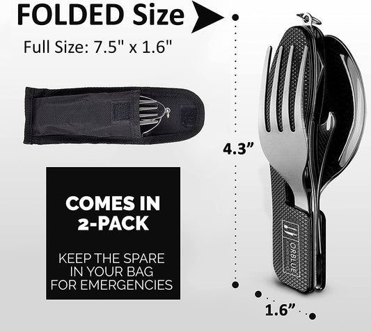 Orblue 4-in-1 Camping Utensils, 2-Pack - Portable Stainless Steel Spoon, Fork, Knife & Bottle Opener Combo Set - Travel, Backpacking Cutlery Multitool, Blue