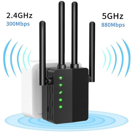 4 Antennas Wifi Range Extender, 1200Mbps Signal Booster Repeater Cover up to 2500 Sq.Ft, 2.4 & 5Ghz Dual Band