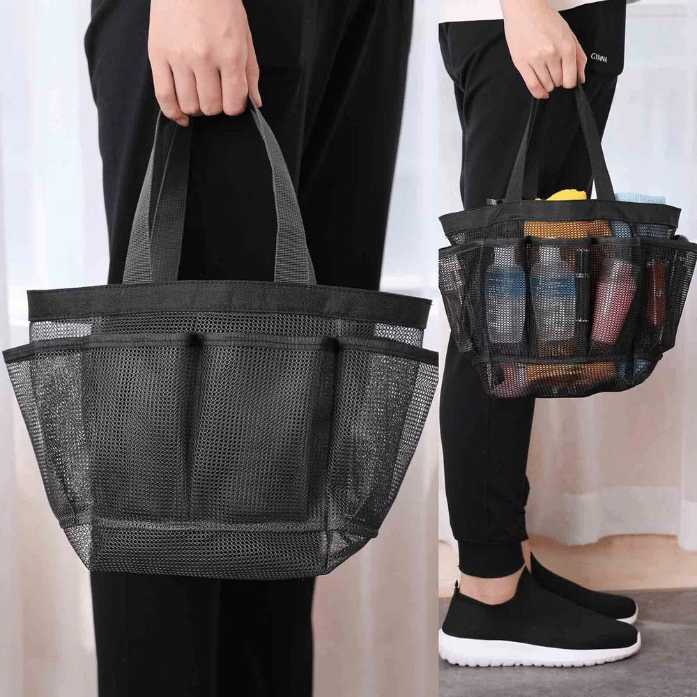 Natural Mesh Shower Caddy Portable Shower Tote Bag for College Dorm Essentials, Bathroom, Gym, Camp, Travel, Hanging Shower Caddy Basket, Quick Dry Toiletry Bag (8-Pockets | Black)