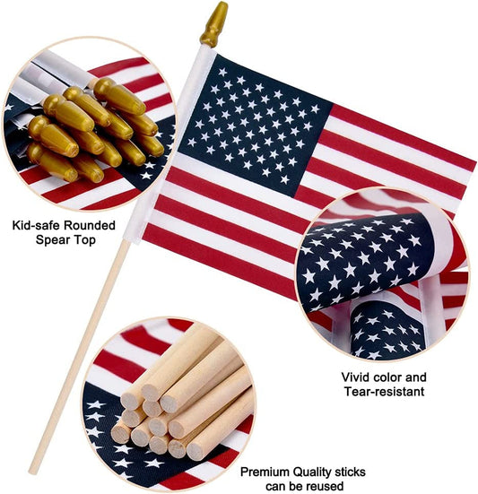 12 Pack Small American Flags on Stick, Small US Flags/Mini American Flag on Stick 4x6 Inch US American Hand Held Stick Flags with Kid-Safe Spear Top, Polyester Full Color Tear-Resistant Flag for 4th of July Decorations, Memorial Day Decorations