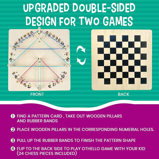 Upgraded Wooden Geoboard with Othello Board Game - Educational Montessori Toys Wooden Geoboards with Rubber Bands and Pattern Cards, Math Manipulative Material STEM Puzzle Brain Teaser Gift for Kid