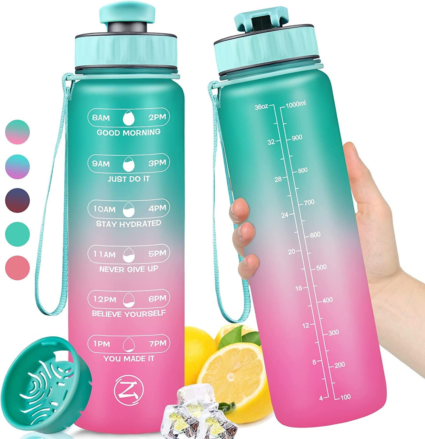 32oz Motivational Water Bottle with Times to Drink,Time Marker & Removable Strainer,Fast Flow,Leakproof Tritan BPA Free Non-Toxic Water Jug for Fitness,Gym,Sports