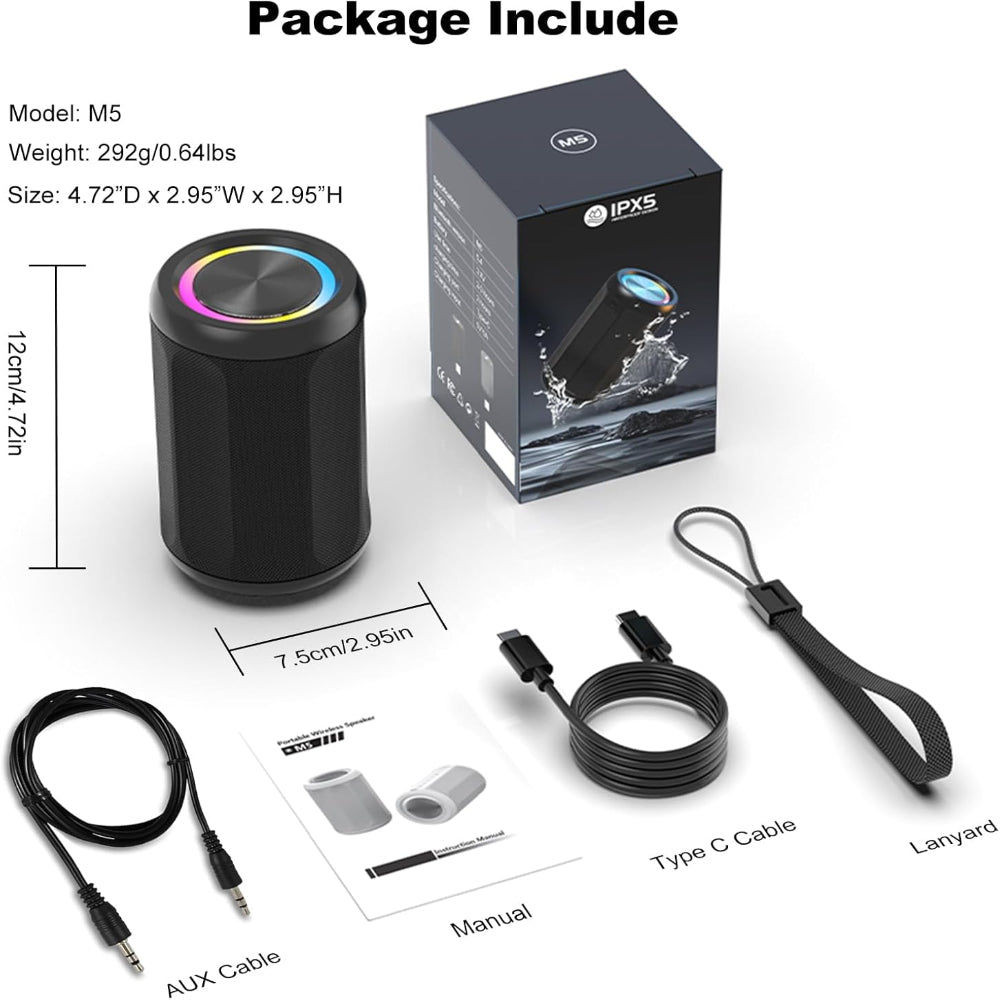 Portable Bluetooth 5.4 Speaker – 6W Wireless Audio Use – IPX55 Waterproof with RGB Light – AUX & TF Card Input, TWS Stereo Pairing – Black