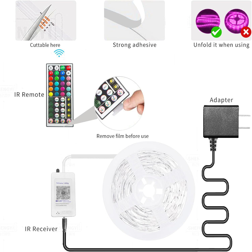 100ft RGB LED Strip Lights – Music Sync Use – Color Changing with Smart App & Remote Control – Flexible Home Décor & Bedroom Lighting