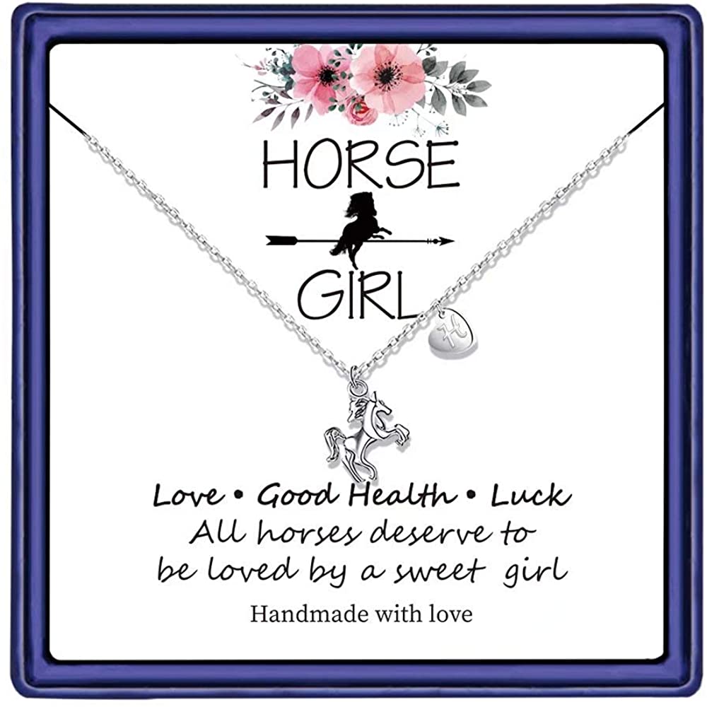 Girls 14K White Gold Plated Heart Initial Horse Necklace