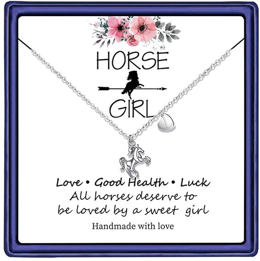 Girls 14K White Gold Plated Heart Initial Horse Necklace