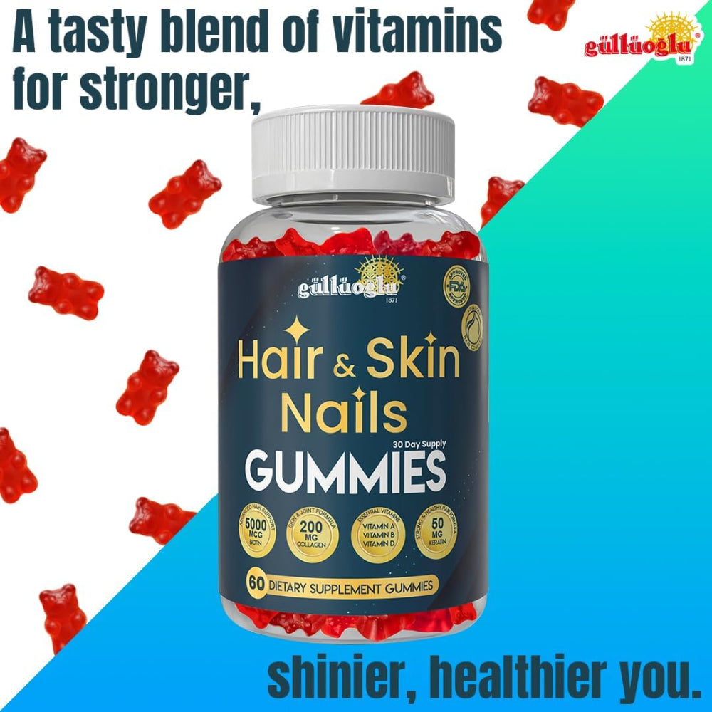 Hair, Skin & Nails Gummies – Biotin 5000 mcg, Collagen 200 mg, Keratin 50 mg with MSM, Bamboo & Vitamins A, C, D, E, Gluten-Free, Non-GMO, 60 Gummies