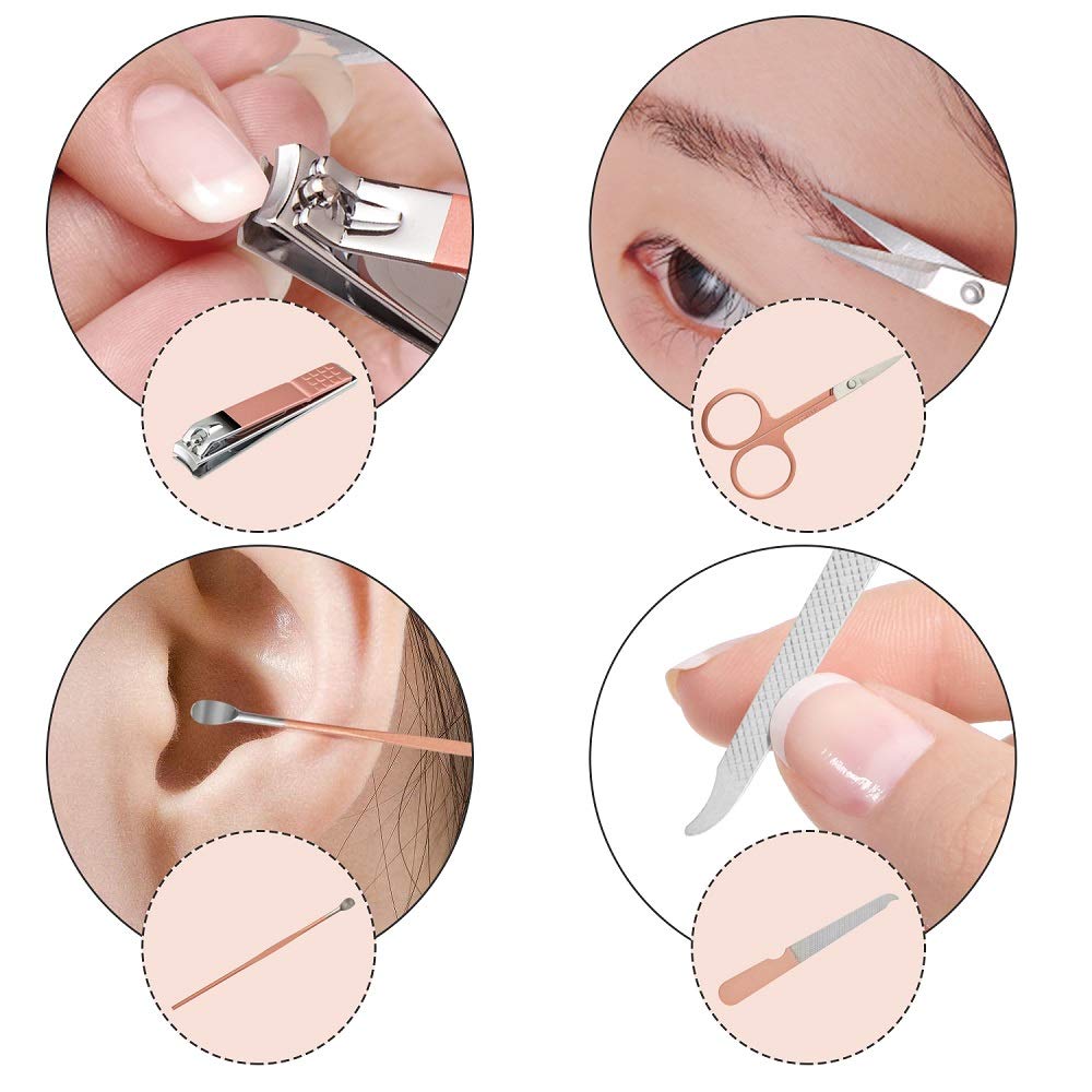 8-in-1 Manicure & Pedicure Set – Professional Stainless Steel Nail Grooming Tools – Includes Nail Scissors & Accessories – Pink Leather Travel Case