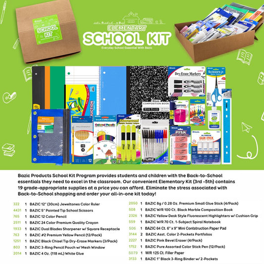 Elementary School Kit Supply Box 86 Count for Elementary Student 3-6 Grades, Composition Book Ruler, COLOR MAY VARY, 1-Pack