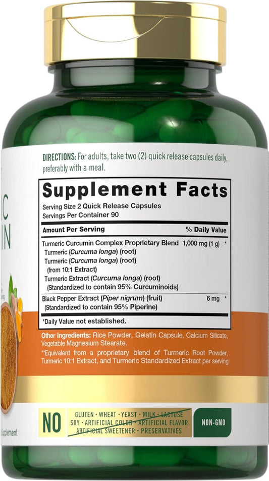 180 Capsules Turmeric Curcumin Supplement – With Black Pepper – Non-GMO, Gluten-Free, 1000mg