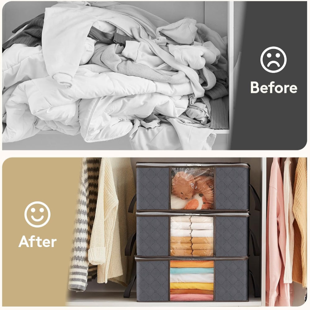 3-Pack Clothes Storage Bins – Foldable Blanket Bags with Lids & Zippers, Clear Window Closet Organizer for Clothing & Bedding