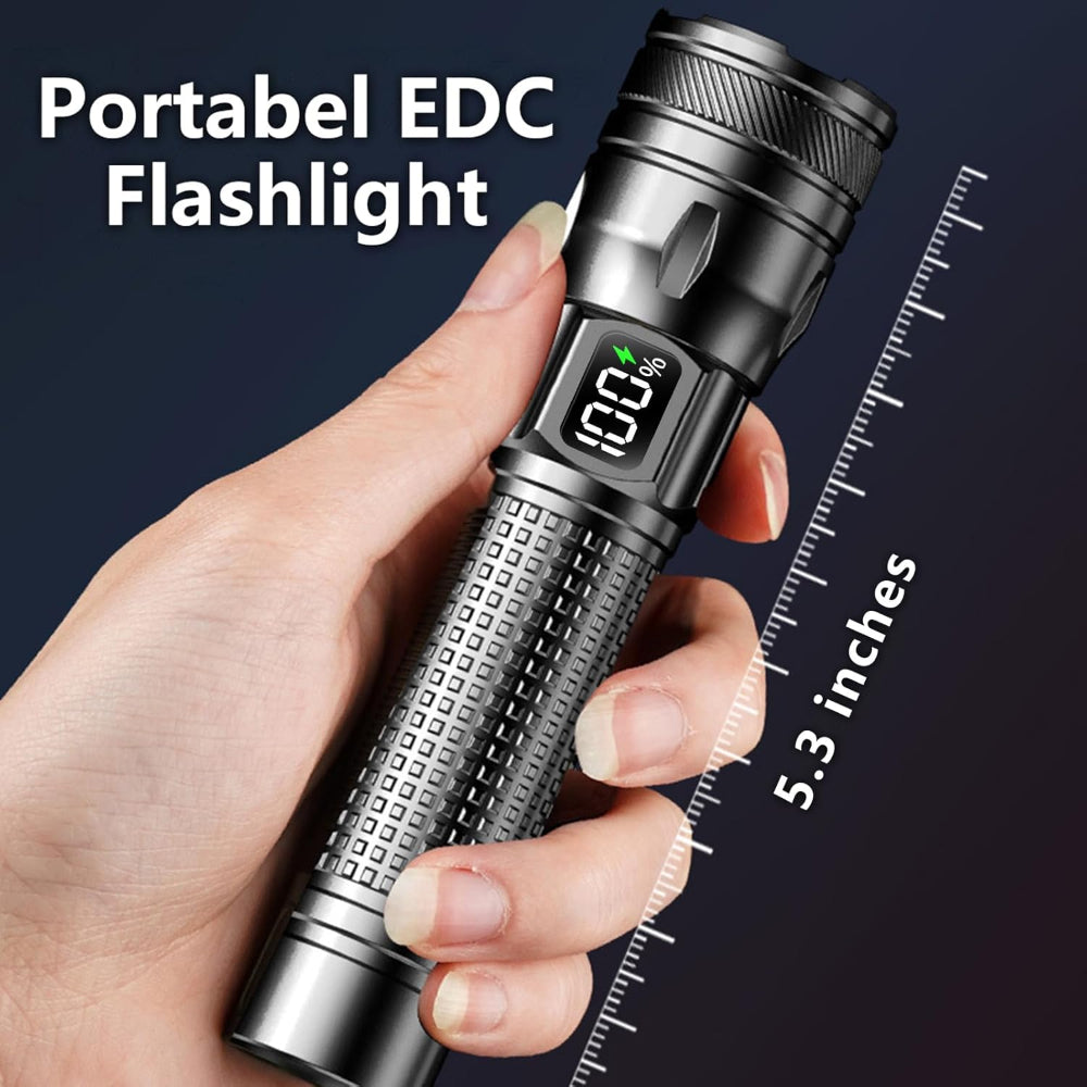 Rechargeable LED Flashlight – High Lumen EDC Use – Zoomable Beam with Digital Power Display – USB-C Charging for Home, Outdoor, Camping & Emergency Survival