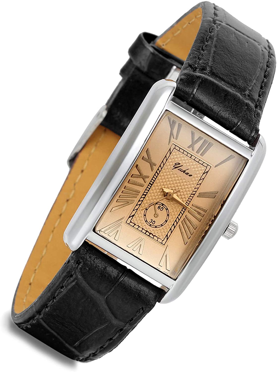 Lancardo Retro Vintage Square Quartz Analog Watch Silver Tone Case Crocodile Pattern Brown Leather Business Casual Dress Wrist Watch