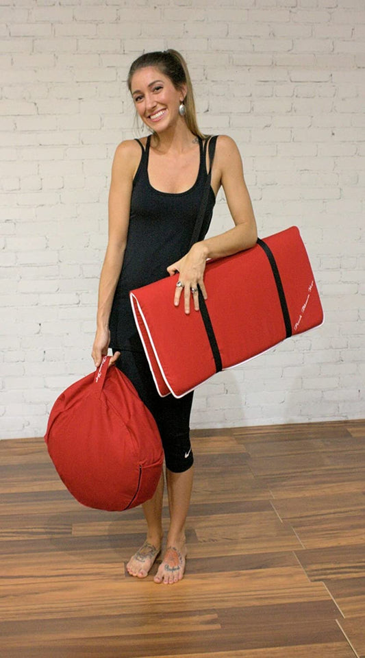 3 Piece Restorative Yoga Set includes Zafu Meditation Pillow Buckwheat Hull filled, Zabuton Cushion 26"x26" with 3" Foam, and Double Buckle Strap, Removable Covers for easy care.