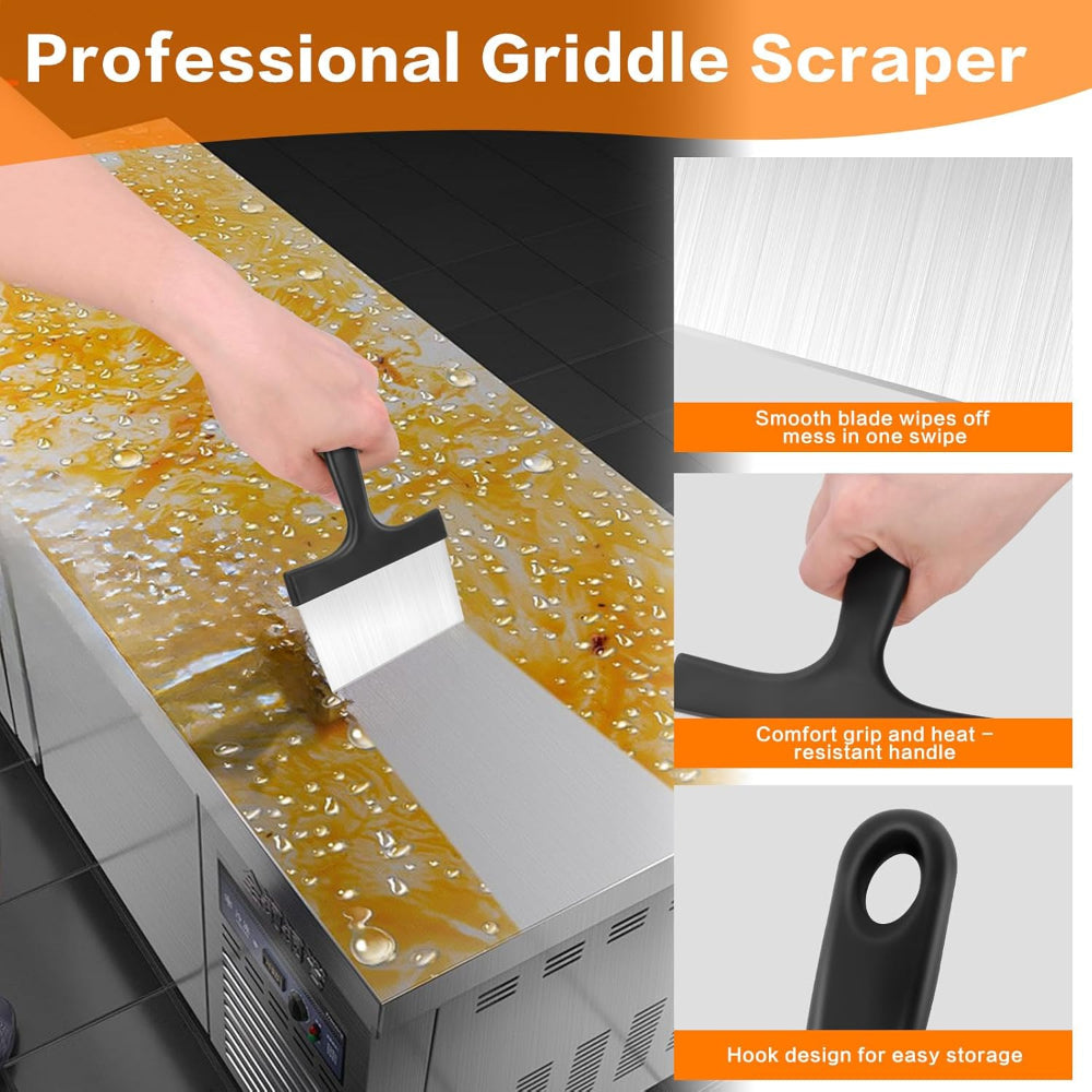 3-in-1 Stainless Steel Grill Scraper – Heavy Duty Griddle Cleaner with Comfort Grip Handle