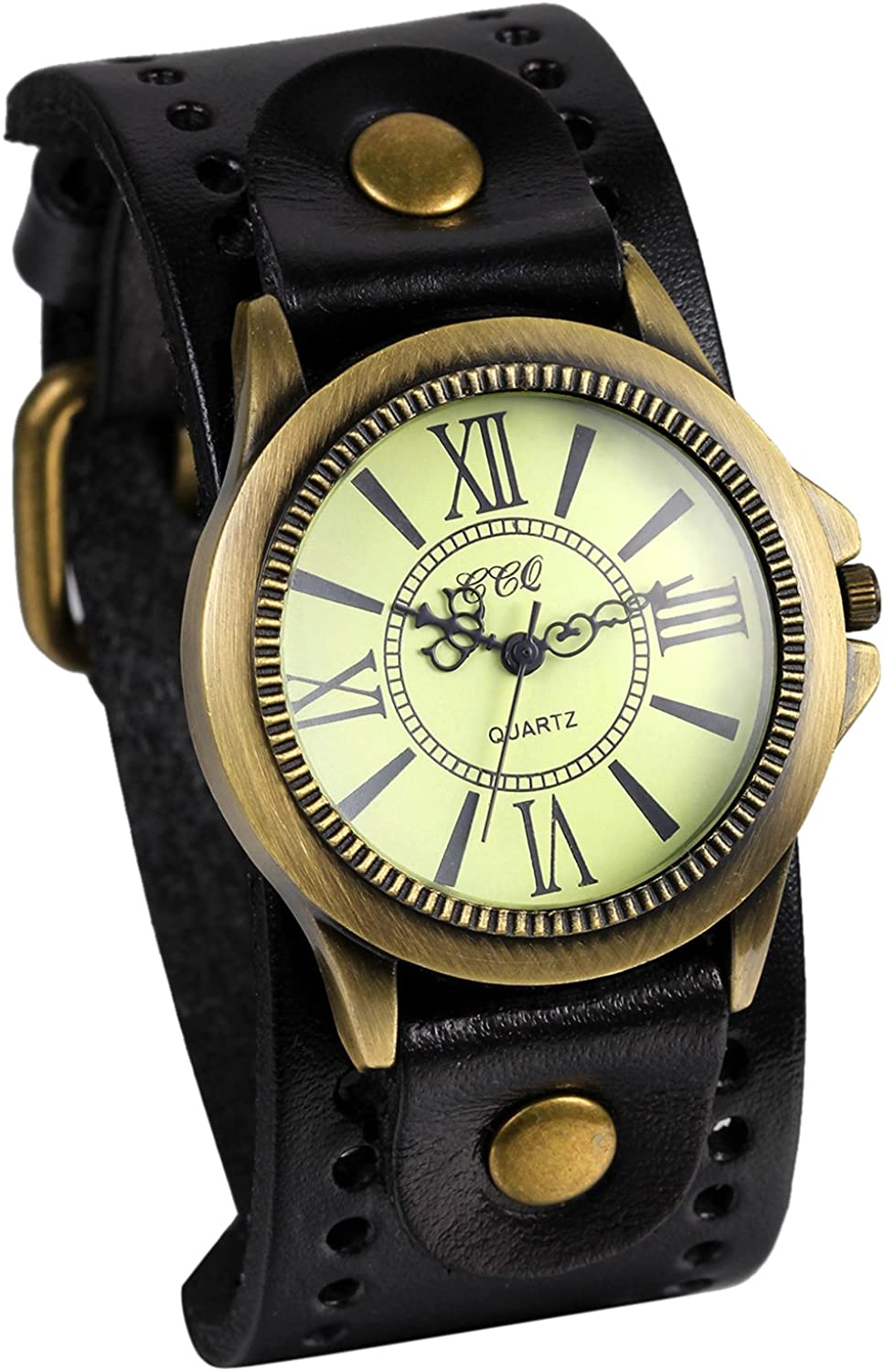 JewelryWe Vintage Wrist Watch Wide Leather Strap Band Cuff Quartz Watches for Men Women, for Valentine’s Day