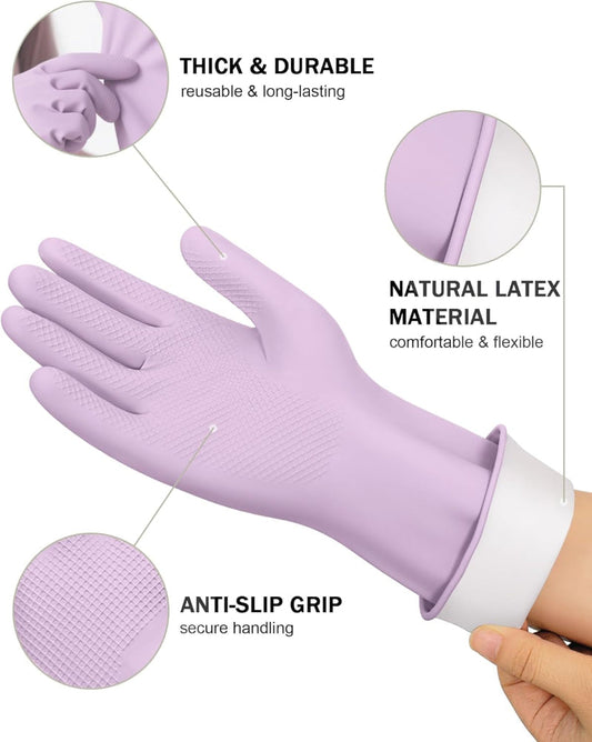 4-Pair Rubber Cleaning Gloves – Reusable Waterproof Kitchen & Bathroom Gloves with Flock Lining, Anti-Slip Grip, Thick Durable Long-Lasting Dishwashing Gloves, Colorful