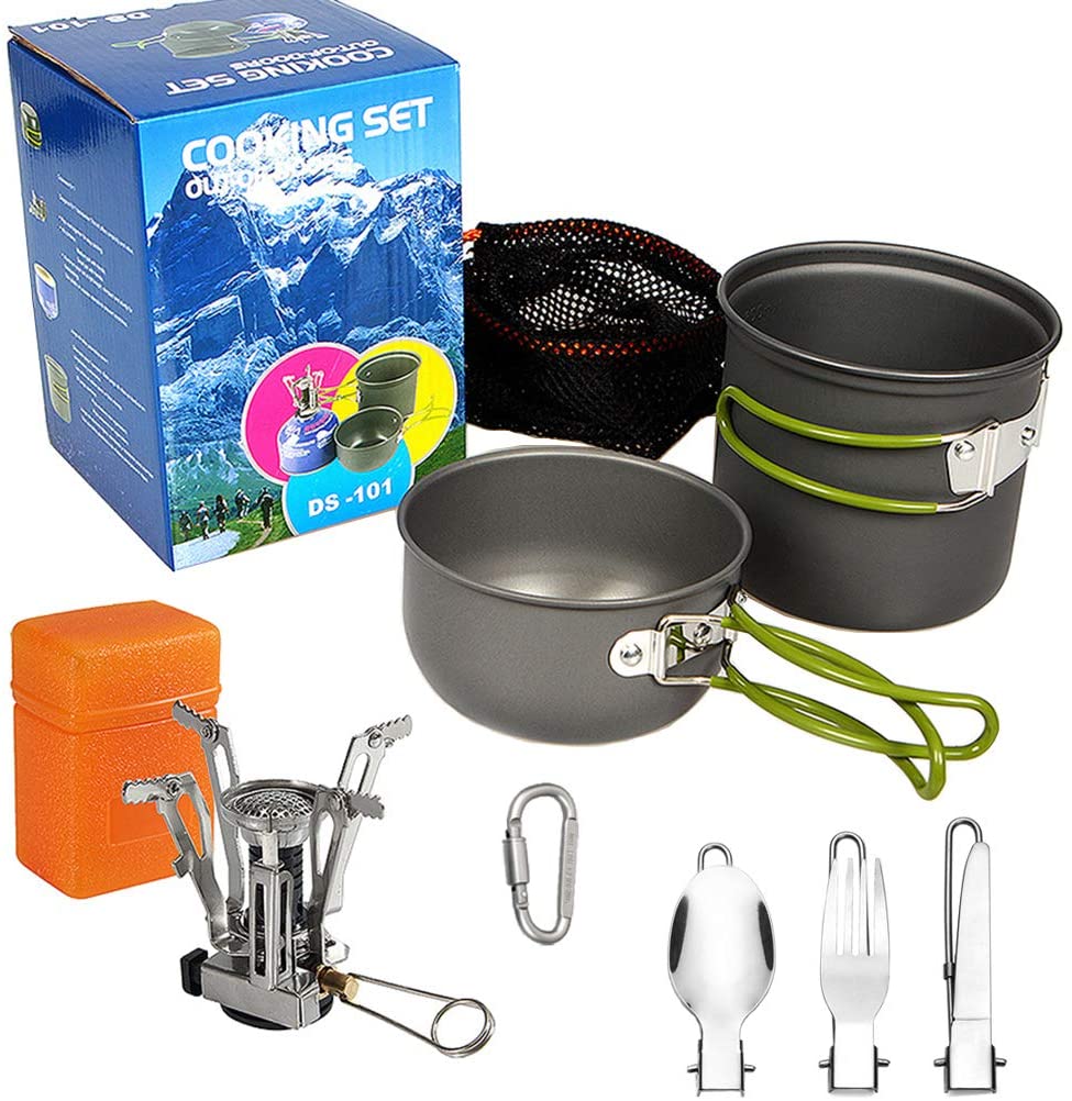 DZRZVD Camping Cookware Mess Kit Gear,Backpacking Accessories Equipment Pots and Pan Set with Mesh Carrying Bag for Hiking, Picnic