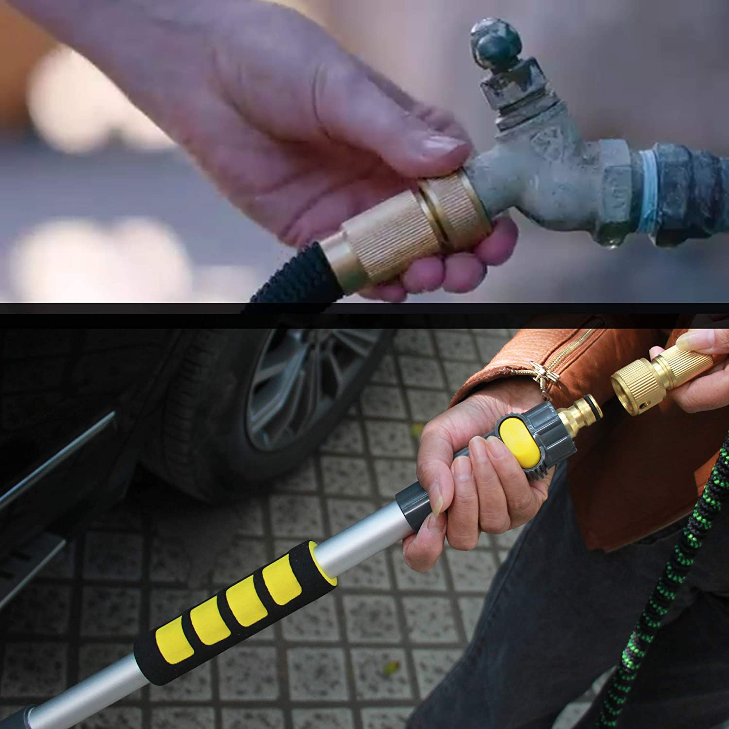 Anyyion Car Wash Brush with 50ft-Expandable Garden Hose, 51-inch Dismountable Pole with on/off switch,Strongest Triple Latex Core Hose with 3/4" Solid Brass, Easy Storage Kink Free Water Hose (50)