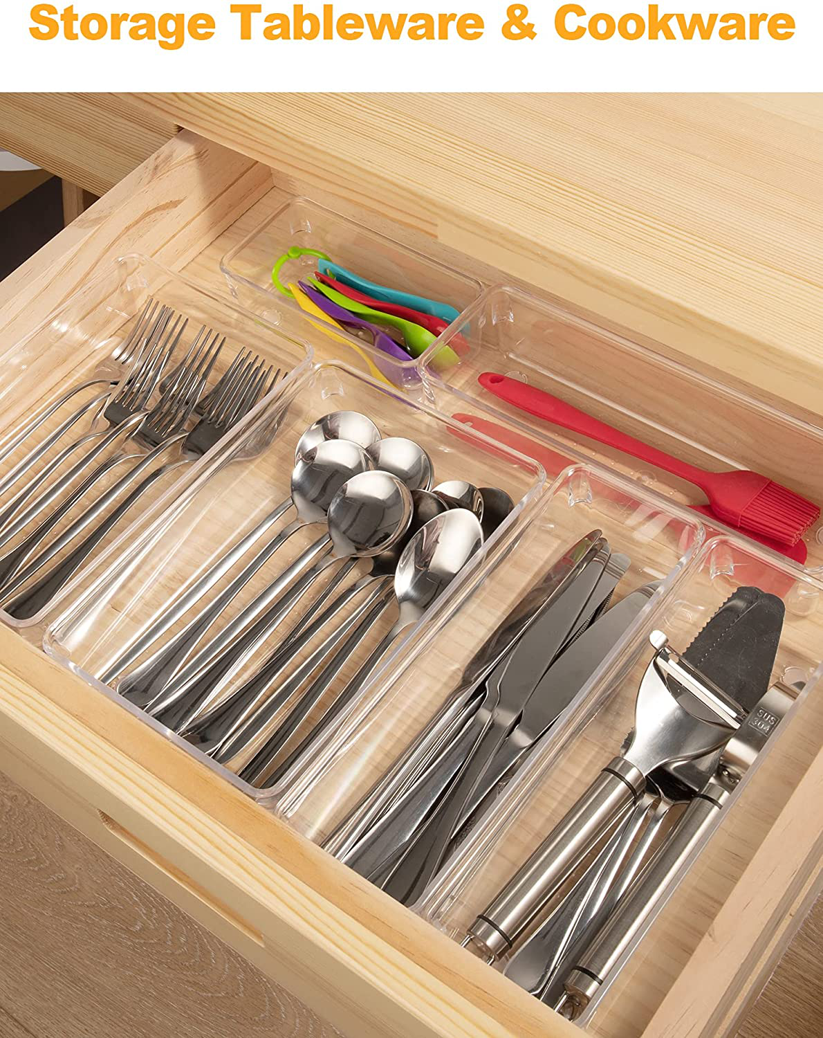 SMARTAKE 13-Piece Drawer Organizers with Non-Slip Silicone Pads, 5-Size Desk Drawer Organizer Trays Storage Tray for Makeup, Jewelries, Utensils in Bedroom Dresser, Office and Kitchen, Clear