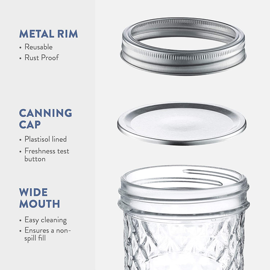 Quilted Wide Mouth Glass Mason Jars - 16-Ounce (6-Pack) Canning Jars with Lids and Bands, Chalkboard Labels, for Canning, Preserving, Pickling, Meal Prep, Jam, Jelly, Overnight Oats, Dishwasher Safe