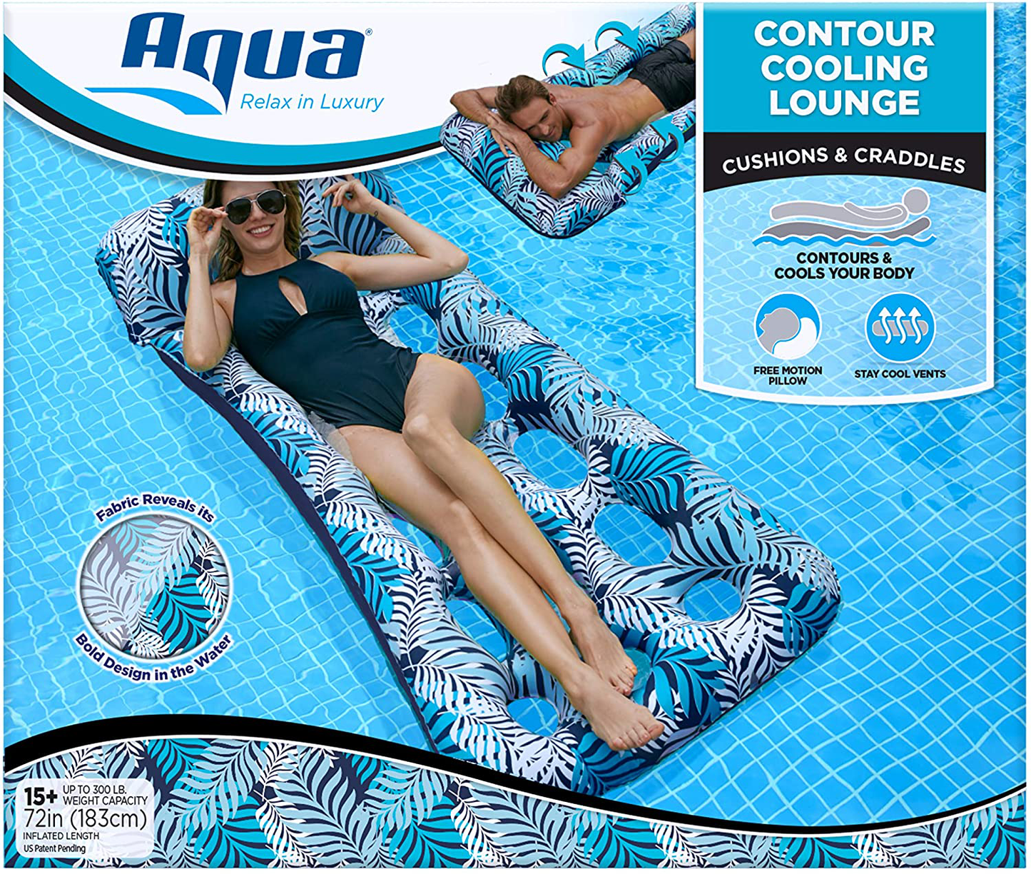 Aqua LEISURE Oversize Supreme Fabric Covered 18-Pocket Inflatable Contour Lounge Luxury Fabric Suntanner Pool Float Heavy Duty Blue Ferns