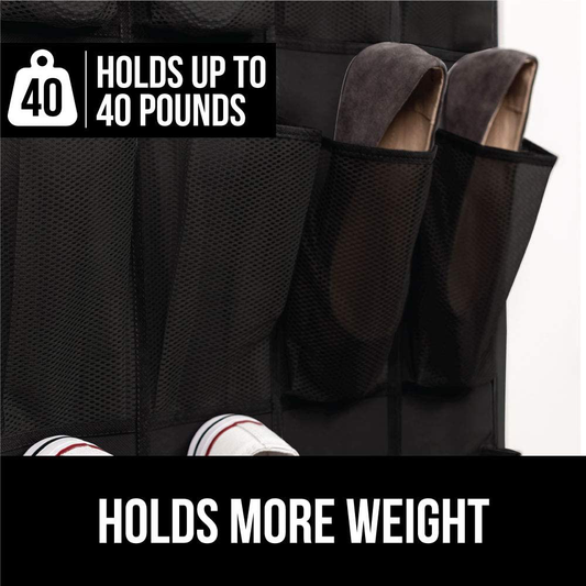 Gorilla Grip Large 24 Pocket Shoe Organizer, Breathable Mesh, Holds Up to 40 Pounds, Sturdy Hooks, Space Saving, Over Door, Storage Rack Hangs on Closets for Shoes, Sneakers or Home Accessories, Black
