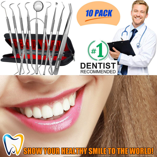 Dental Tools, 10 Pack Professional Plaque Remover Teeth Cleaning Tools Set, Stainless Steel Oral Care Hygiene Kit with Metal Plaque Cleaner, Tartar Scraper, Tooth Scaler, Tongue Scraper - with Case