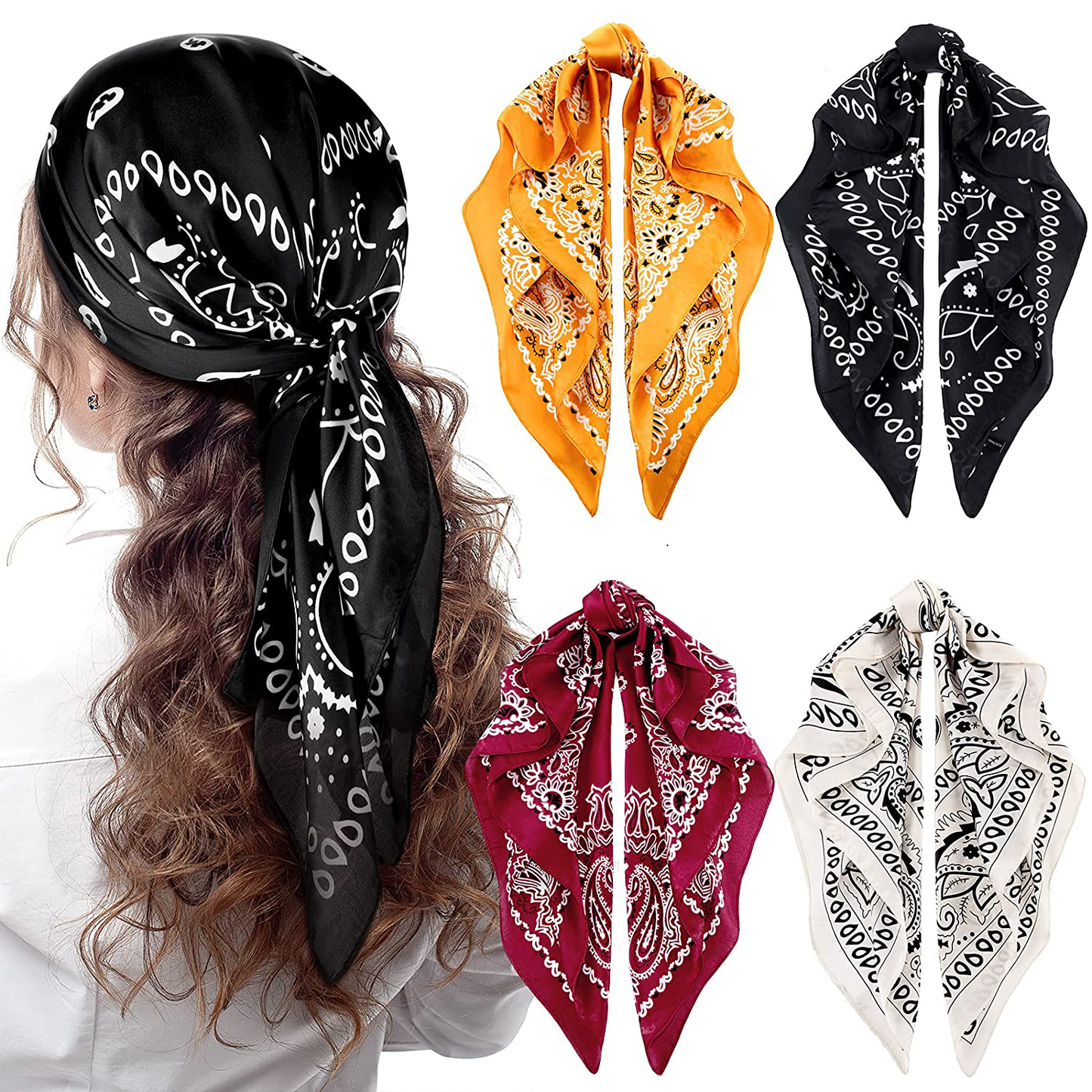 4 Pieces 27 Inch Satin Headband Scarves Silk Feeling Bandana Boho Head Scarves for Women Girls (Classic Pattern)