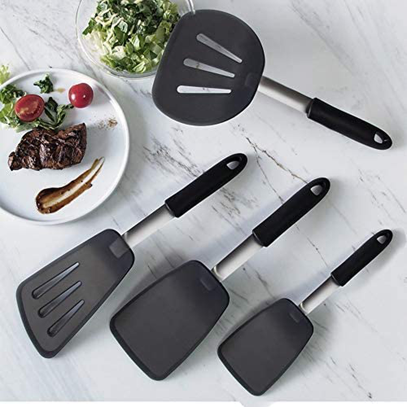 Silicone Spatulas for Nonstick Cookware, GEEKHOM 600F Heat Resistant Extra Large and Wide Flexible Spatulas Rubber Turners, Kitchen Cooking Utensils Set for Pancake, Eggs, Fish, Omelet(4 Pack, Black)