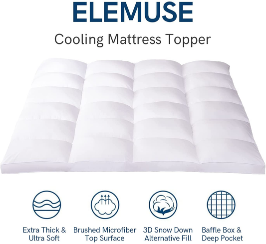 ELEMUSE Queen White Cooling Mattress Topper for Back Pain, Extra Thick Mattress pad Cover, Plush Soft Pillowtop with Elastic Deep Pocket, Overfilled Down Alternative Filling