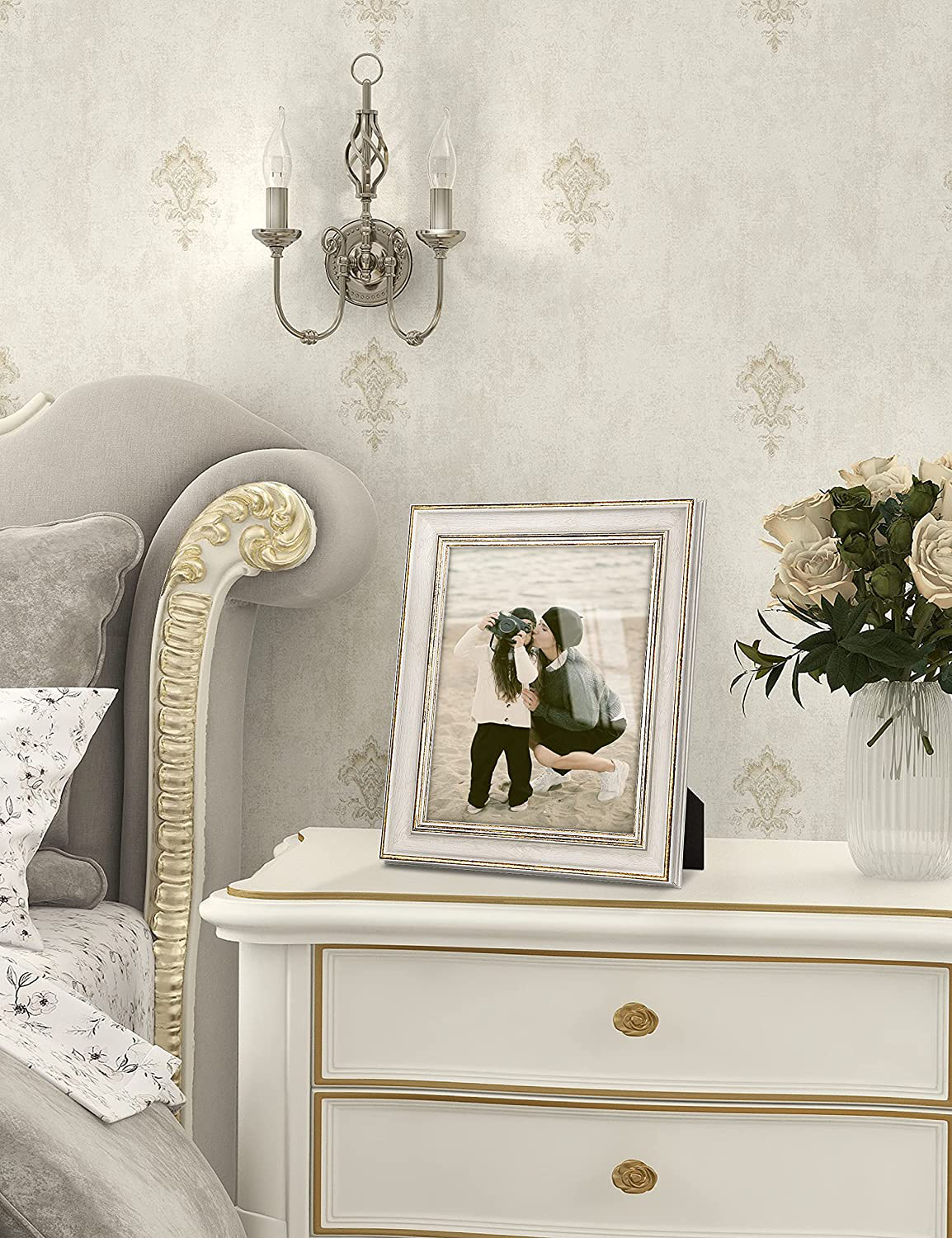 Sonefreiy Picture Frame 8x10 White Gold Vintage Antique Retro Photo Frame Desk and Wall Hanging Family Friends Wedding Gift