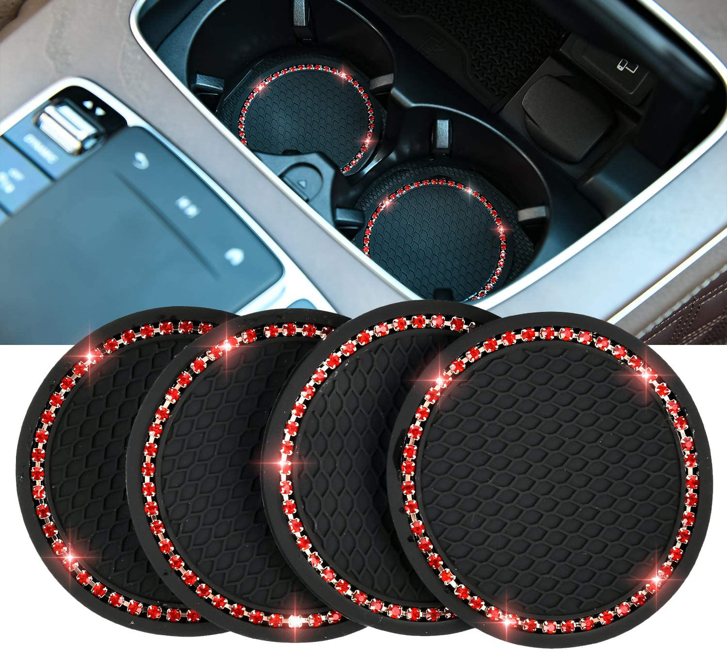 Valleycomfy 4PCS Bling Car Coasters, Universal Vehicle Bling Car Accessories -2.75 inch Silicone Anti Slip Crystal Rhinestone Cup Holder Coasters for Car (Black)