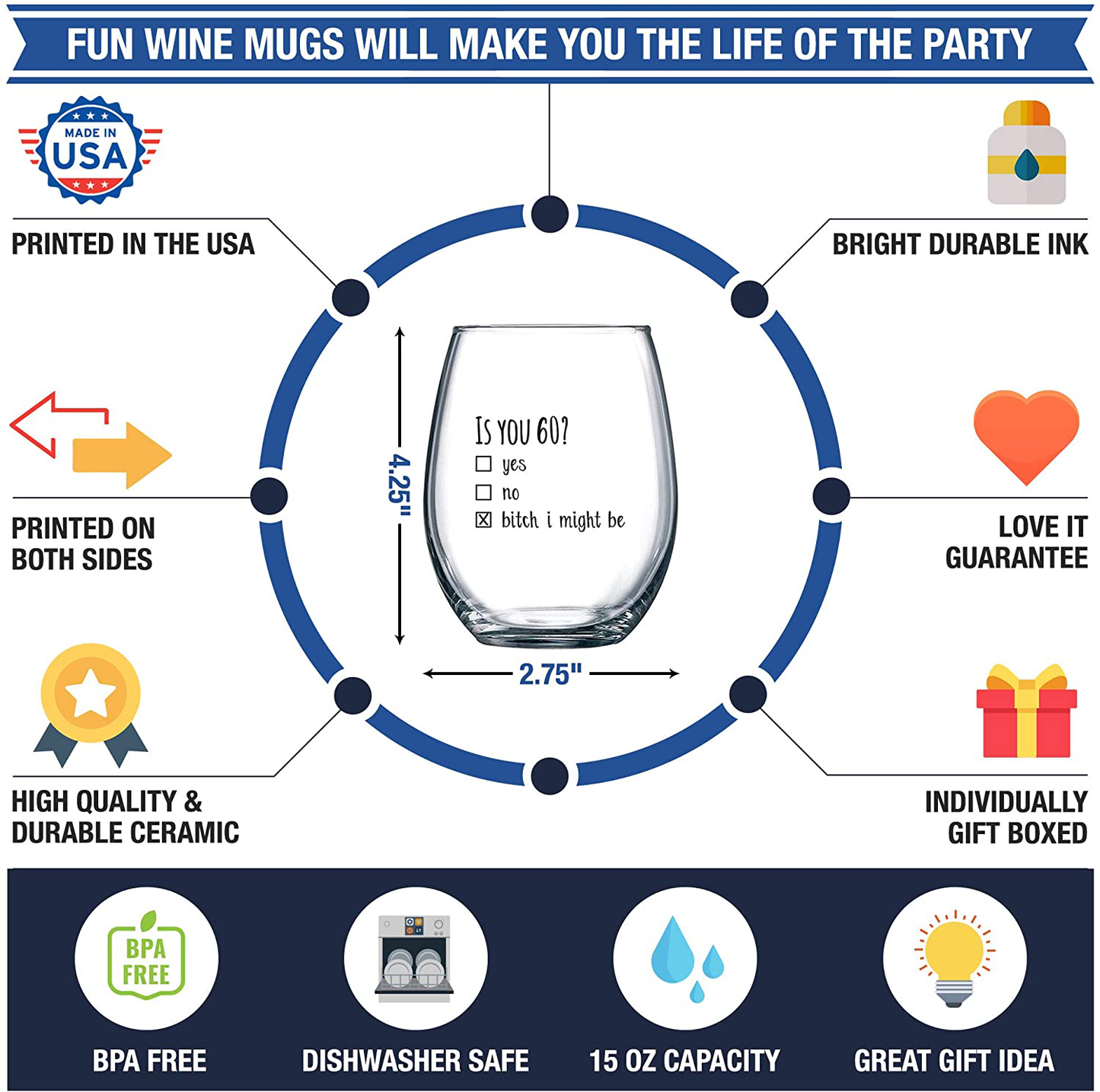60th Birthday Gifts for Women and Men Wine Glass - Funny Is You 60 Gift Idea for Mom Dad Husband Wife – 60 Year Old Party Supplies Decorations for Him, Her - 15oz