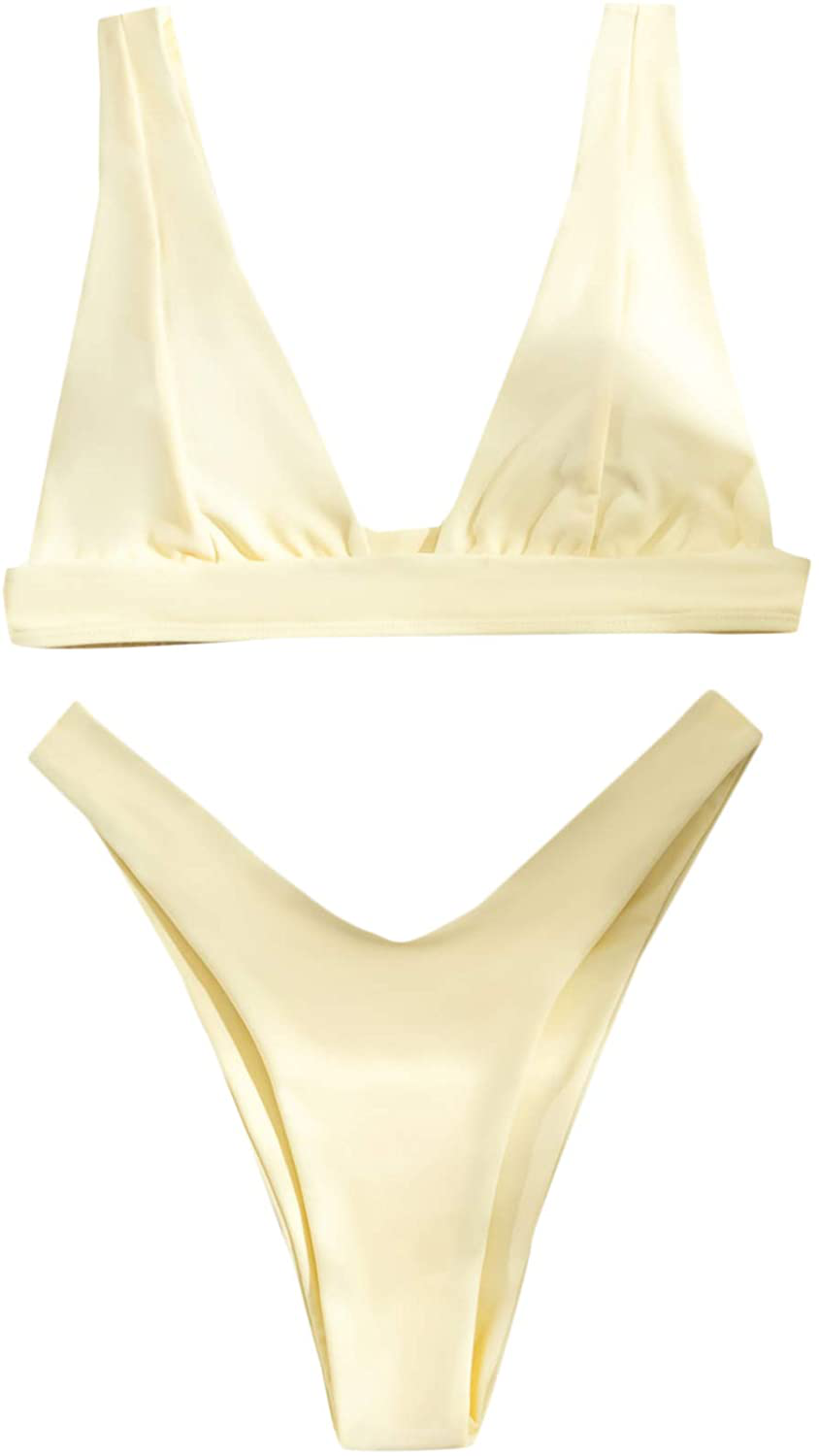 SheIn Women's Solid High Cut Thong Bikini Swimsuit Padded Plunging Bathing Suit