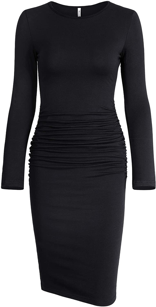 Missufe Women's Long Sleeve Ruched Casual Sundress Midi Bodycon Sheath Dress