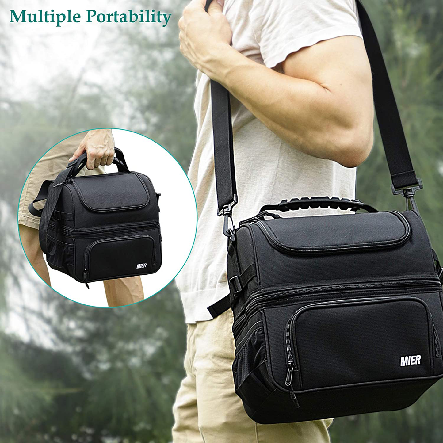MIER Dual Compartment Lunch Bag Tote with Shoulder Strap for Men and Women Insulated Leakproof Cooler Bag, Grey