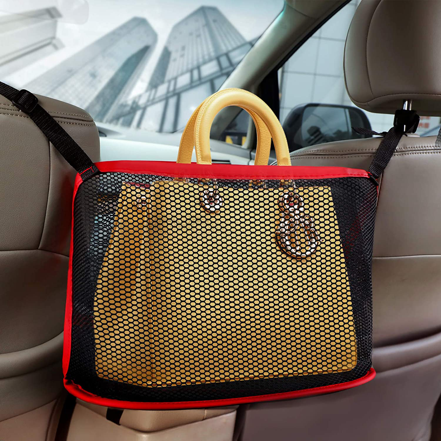 8sanlione Car Mesh Organizer, Car Net Pocket Handbag Holder, Seat Back Net Bag, Barrier of Backseat Pet Kids, Cargo Tissue Purse Holder, Driver Storage Netting Pouch.