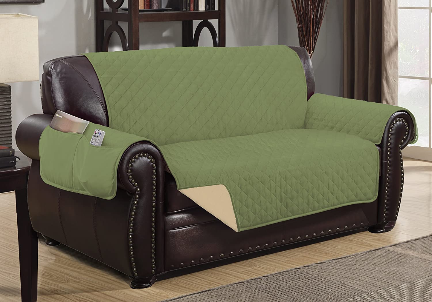 Reversible Quilted Furniture Protector Slipcover - 2 Pockets for Magazines, Newspapers, Remotes - Machine Washable