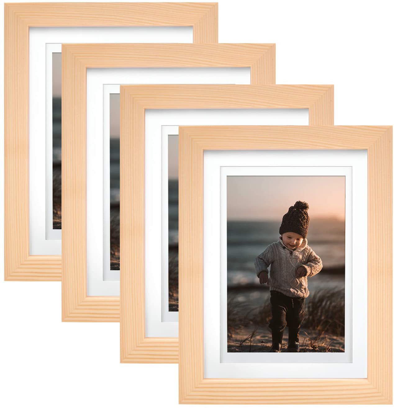 KINLINK 8x10 Picture Frames Natural Wood Frames with Acrylic Plexiglass for Pictures 4x6/5x7 with Mat or 8x10 Without Mat, Tabletop and Wall Mounting Display, Set of 4