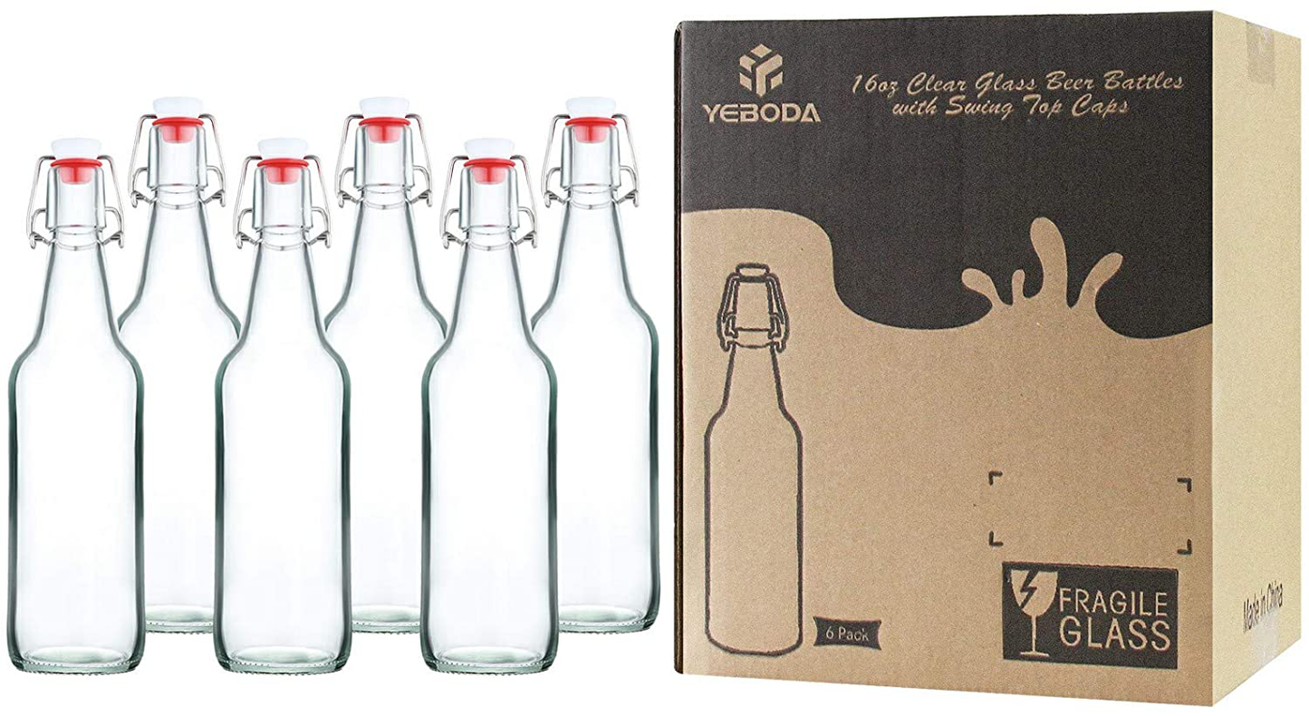 YEBODA Clear Glass Beer Bottles for Home Brewing with Easy Wire Swing Cap & Airtight Silicone Seal 16 oz- Case of 6
