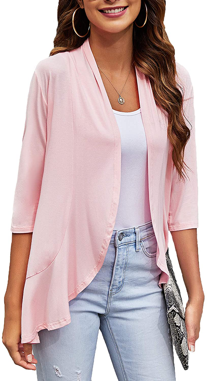 Bluetime Women's Casual Lightweight Open Front Cardigans Soft Draped Ruffles 3/4 Sleeve Cardigan (S-3XL)