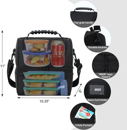 MIER Adult Lunch Box Insulated Lunch Bag Large Cooler Tote Bag for Men, Women, Double Deck Cooler(Black)