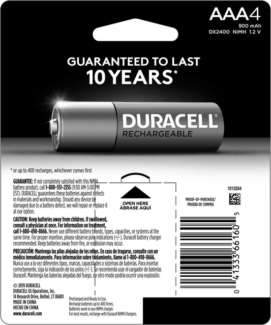 Duracell Rechargeable StayCharged AAA Batteries, 4 Count ( Packaging May Vary)