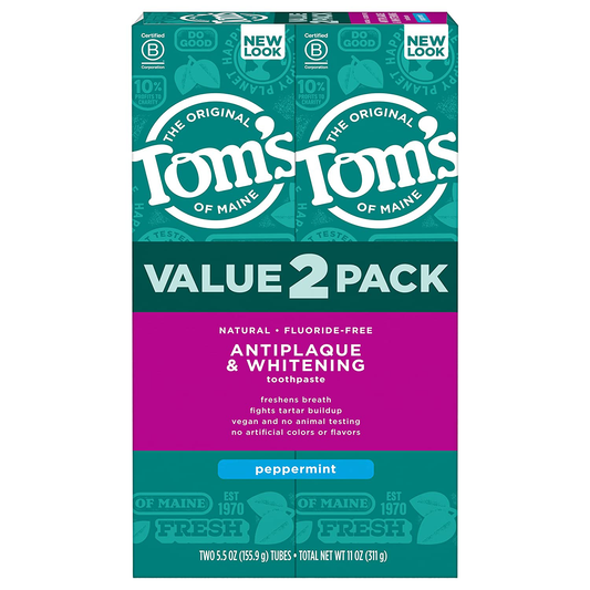 Tom's of Maine Fluoride-Free Antiplaque & Whitening Toothpaste, Travel Size, Peppermint, 1 oz. 12-Pack (Packaging May Vary)