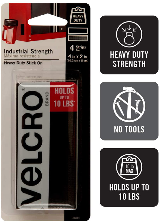 VELCRO Brand Heavy Duty Fasteners | 4x2 Inch Strips 4 Sets | Holds 10 lbs | Stick-On Adhesive Backed | Black Industrial Strength | For Indoor or Outdoor Use, 90209