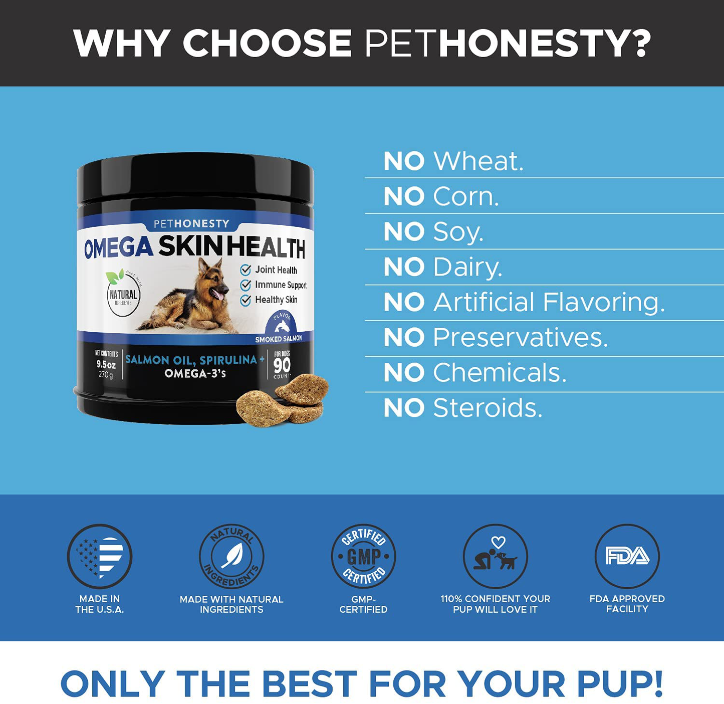 PetHonesty Omega SkinHealth Chews for Dogs - Omega 3 Fish Oil for Dogs - Kelp, Spirulina, Omega-3s, Alaskan for Healthy Skin & Coat, Helps Itchy Skin, Dog Allergies, Reduce Shedding - 90 Ct. (Salmon)